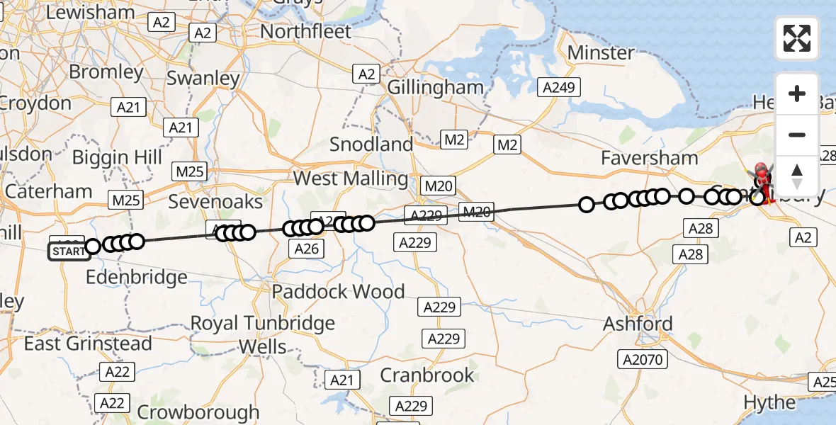 Flight route Air Ambulance Helicopter South Godstone - Harbledown, 27 May 2026, 12:03