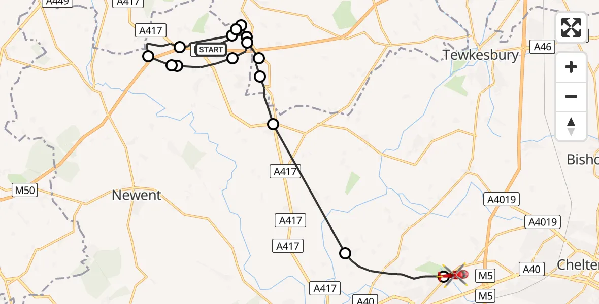 Flight route Air Ambulance Helicopter Bromesberrow Heath - Gloucestershire Airport, 27 May 2026, 12:03