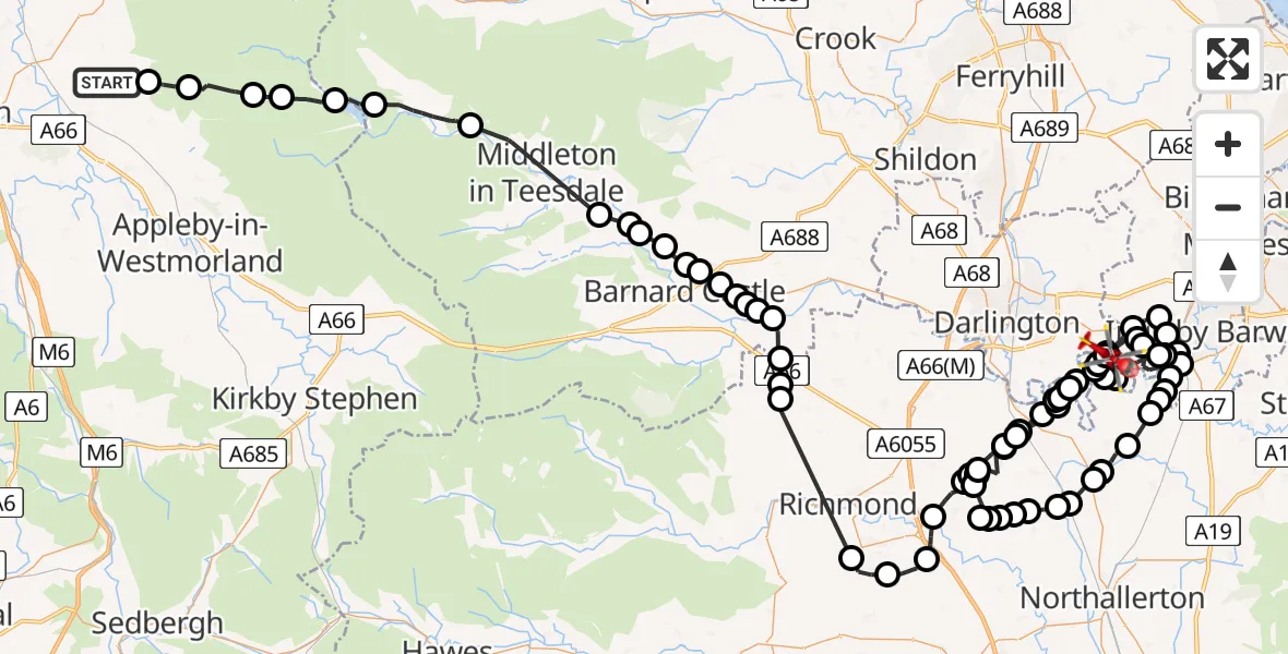 Flight route Air Ambulance Helicopter Skirwith - Middleton One Row, 27 May 2026, 12:07