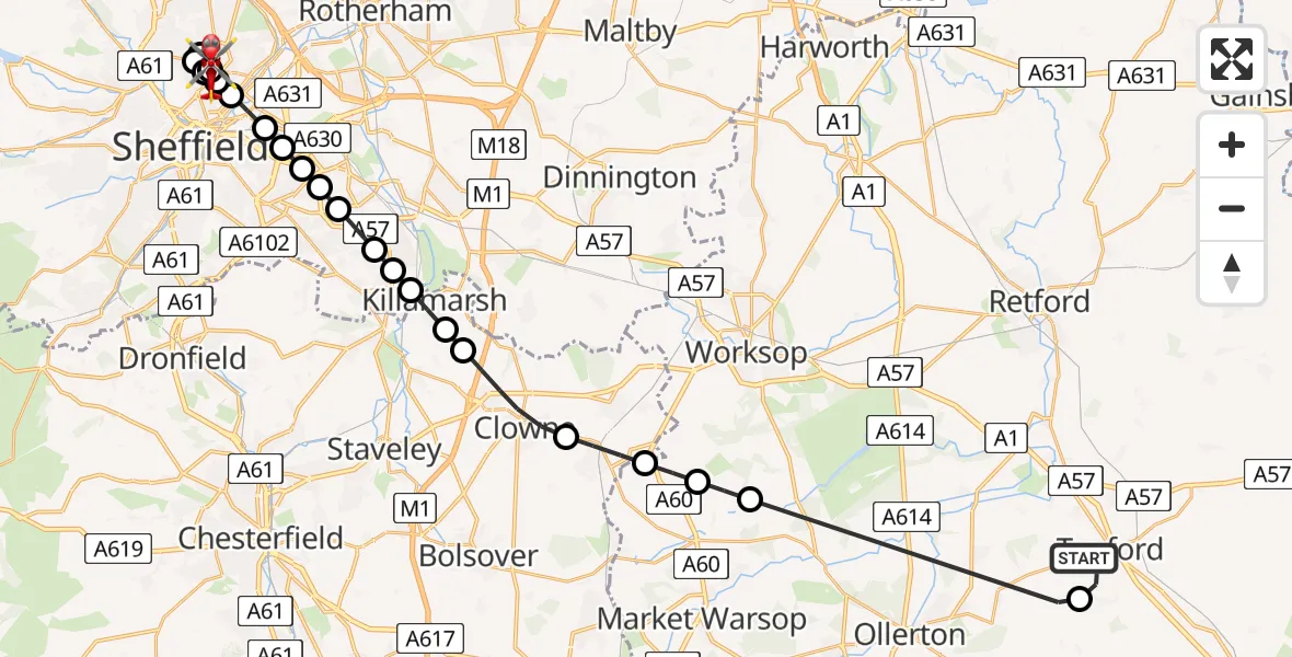 Flight route Air Ambulance Helicopter Tuxford - Sheffield Northern Hospital, 27 May 2026, 12:19