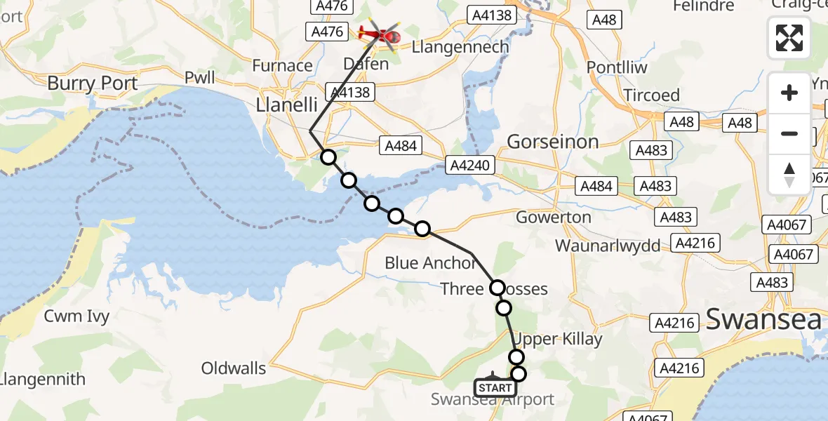 Flight route Air Ambulance Helicopter Swansea Airport - Dafen, 27 May 2026, 12:20