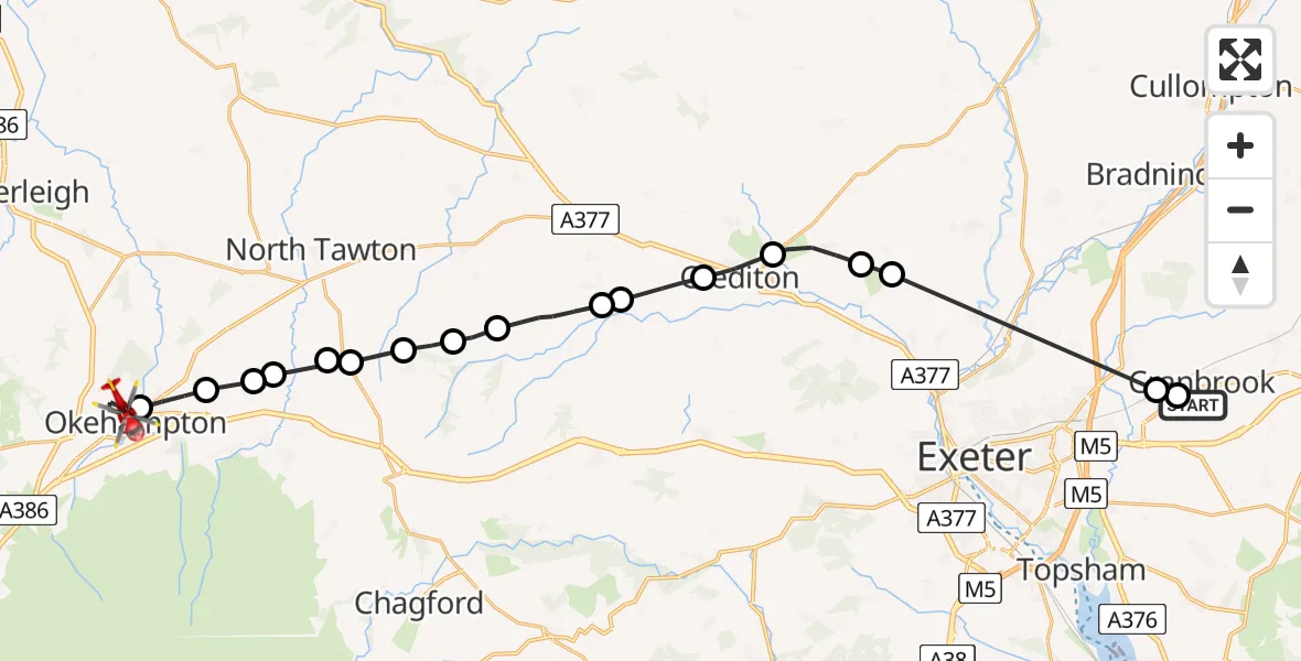 Flight route Air Ambulance Helicopter Clyst Honiton - Okehampton, 27 May 2026, 12:23