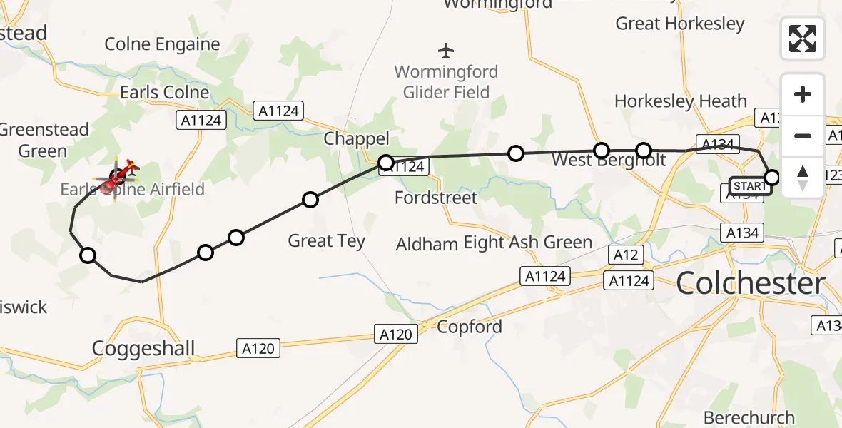 Flight route Air Ambulance Helicopter Colchester Hospital - Earls Colne Airfield, 27 May 2026, 12:27
