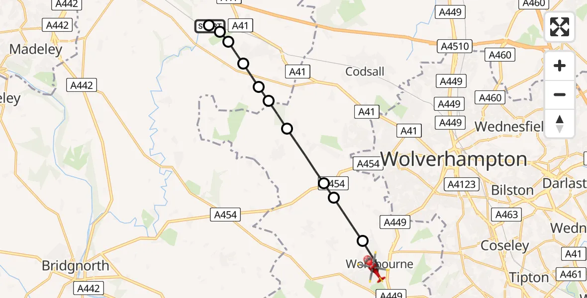 Flight route Air Ambulance Helicopter RAF Cosford - Wombourne, 27 May 2026, 12:33