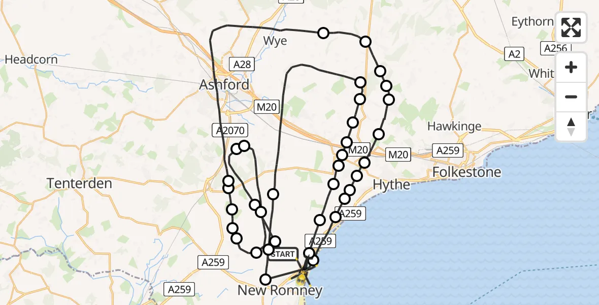Flight route Police Helicopter St. Mary in the Marsh - New Romney, 27 May 2026, 12:36