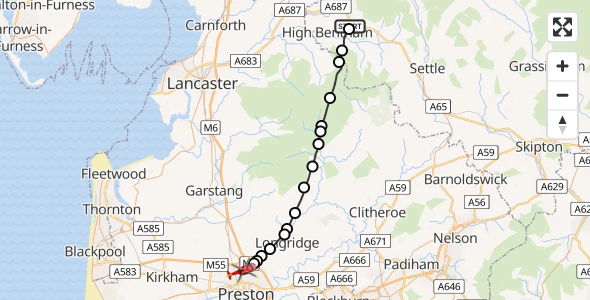 Flight route Air Ambulance Helicopter Ingleton - Preston, 27 May 2026, 12:36
