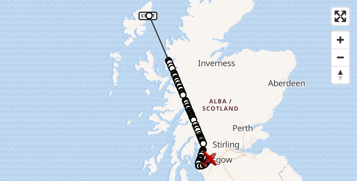 Flight route Air Ambulance Aircraft Am Bac - Glasgow Airport, 27 May 2026, 12:37