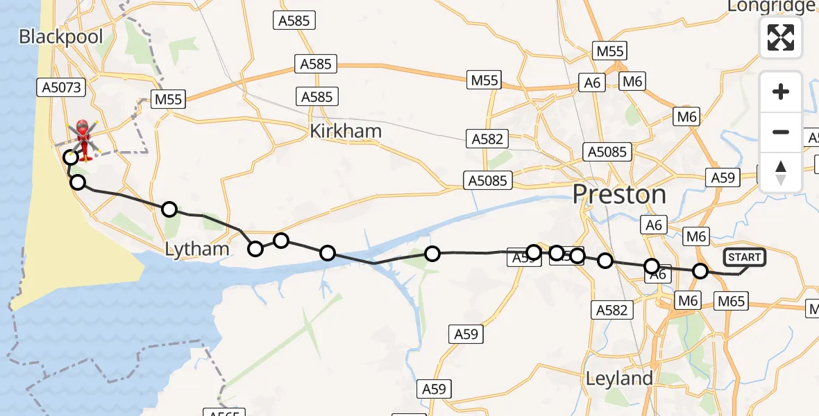 Flight route Air Ambulance Helicopter Gregson Lane - Blackpool Airport, 27 May 2026, 12:50