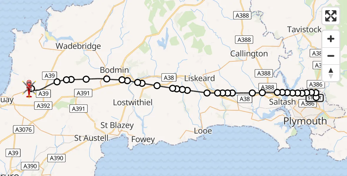 Flight route Air Ambulance Helicopter Derriford Hospital - Cornwall Airport Newquay, 27 May 2026, 12:54