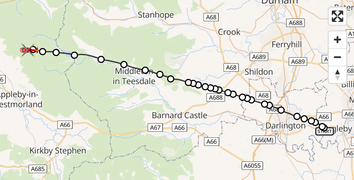 Flight route Air Ambulance Helicopter Teesside International Airport - Milburn, 27 May 2026, 12:57