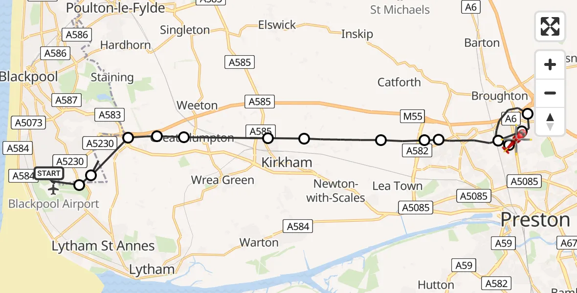 Flight route Air Ambulance Helicopter Blackpool Airport - Preston, 27 May 2026, 13:01