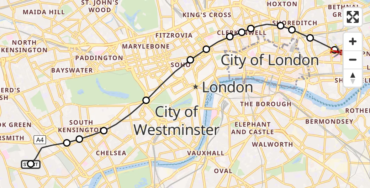 Flight route Air Ambulance Helicopter West Kensington - Royal London Hospital, 27 May 2026, 13:14
