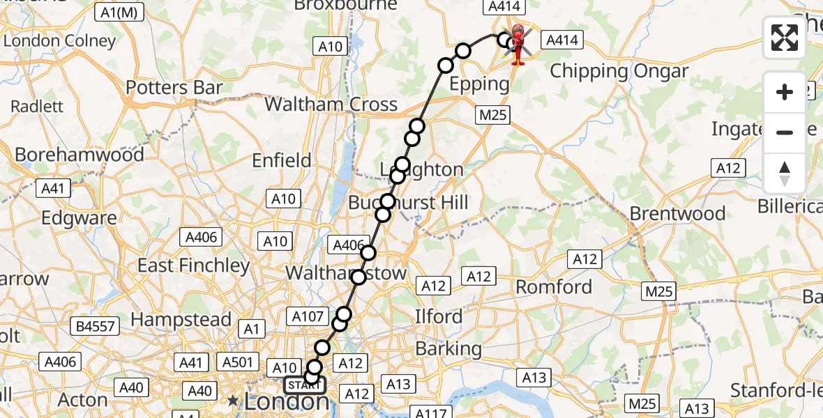 Flight route Air Ambulance Helicopter Royal London Hospital - North Weald Airfield, 27 May 2026, 13:14