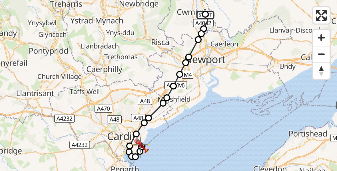 Flight route Air Ambulance Helicopter Grange University Hospital Heliport - Cardiff Heliport, 27 May 2026, 13:16