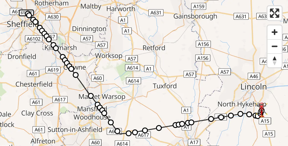 Flight route Air Ambulance Helicopter Sheffield Northern Hospital - North Kesteven, 27 May 2026, 13:20