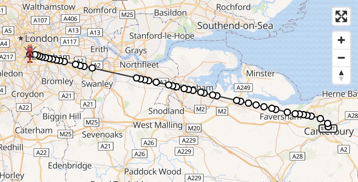 Flight route Air Ambulance Helicopter Harbledown - Kings College London Hospital, 27 May 2026, 13:24