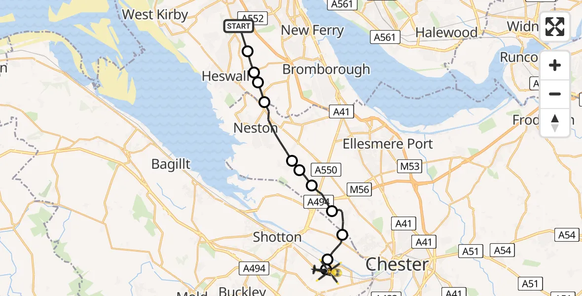 Flight route Police Helicopter Thingwall - Hawarden Airport, 27 May 2026, 13:32