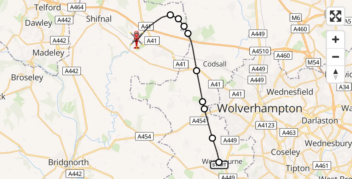Flight route Air Ambulance Helicopter Wombourne - Tong, 27 May 2026, 13:34