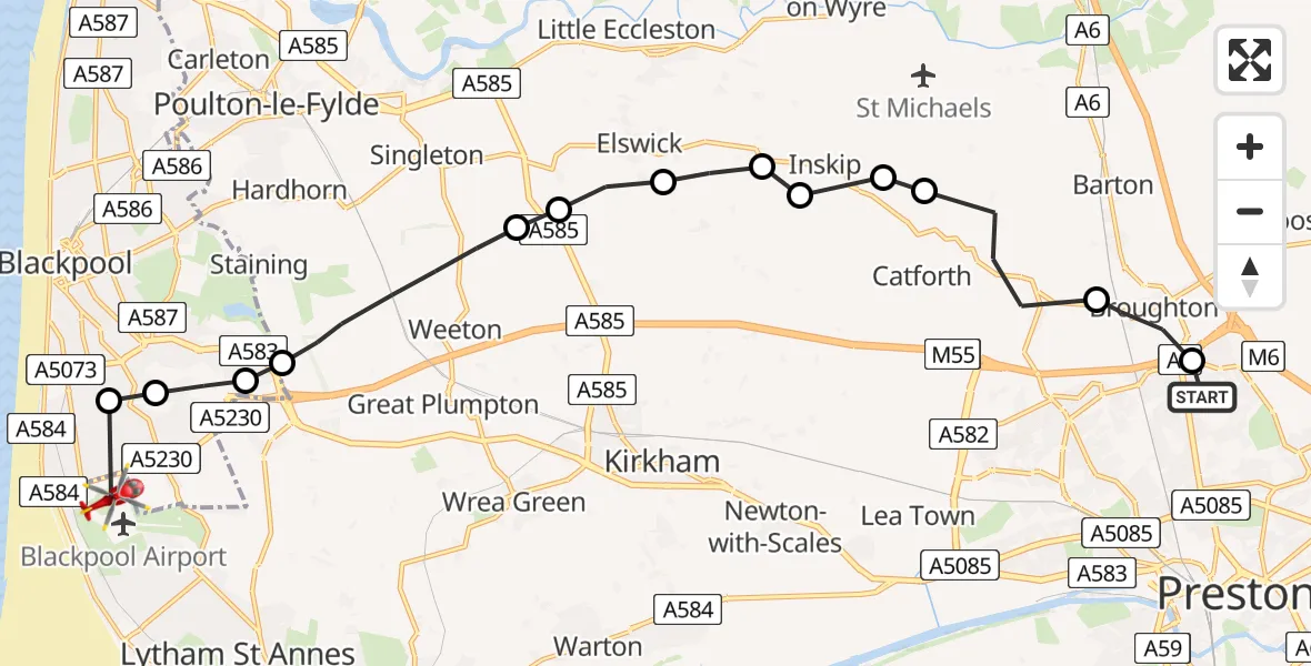 Flight route Air Ambulance Helicopter Preston - Blackpool Airport, 27 May 2026, 13:37