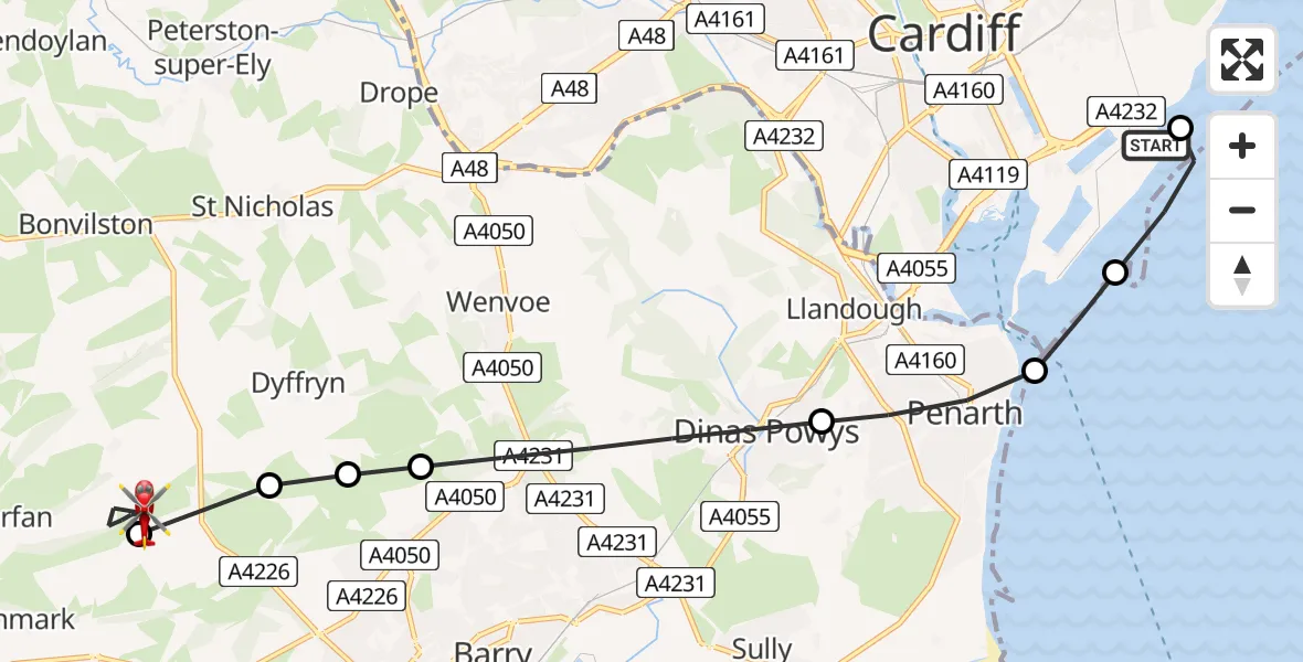 Flight route Air Ambulance Helicopter Cardiff Heliport - Llancarfan, 27 May 2026, 13:38