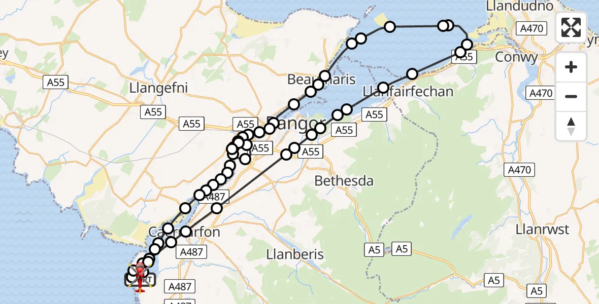 Flight route Air Ambulance Helicopter Caernarfon Airport - Caernarfon Airport, 27 May 2026, 13:39