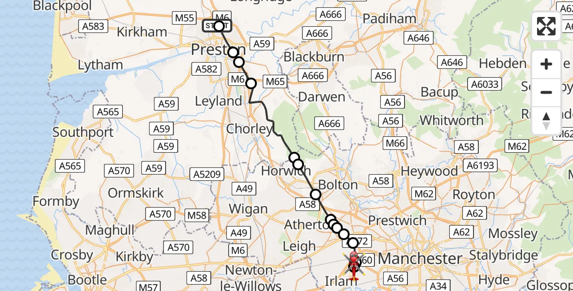Flight route Air Ambulance Helicopter Royal Preston - Manchester Barton Aerodrome, 27 May 2026, 13:46
