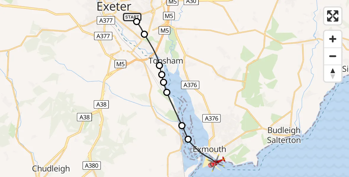 Flight route Air Ambulance Helicopter Royal Devon & Exeter Hospital - Exmouth, 27 May 2026, 13:46
