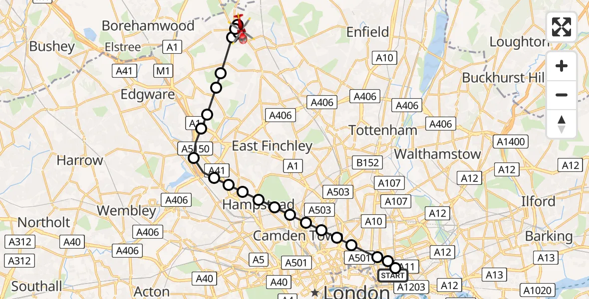 Flight route Air Ambulance Helicopter Royal London Hospital - High Barnet, 27 May 2026, 13:47