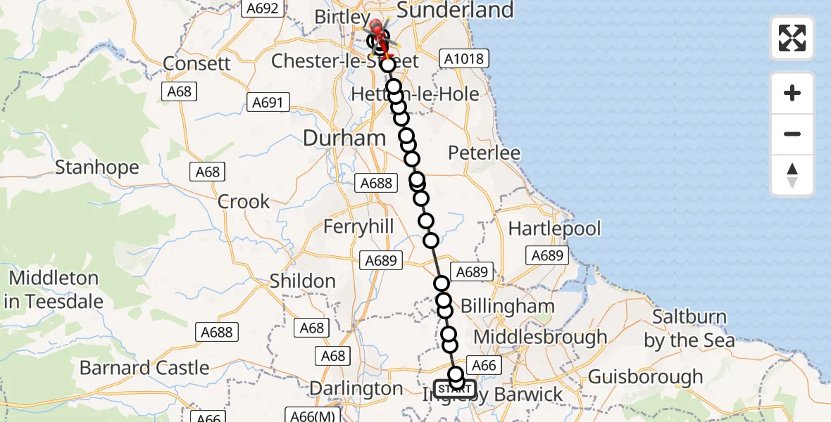Flight route Air Ambulance Helicopter Egglescliffe - Penshaw, 27 May 2026, 13:52