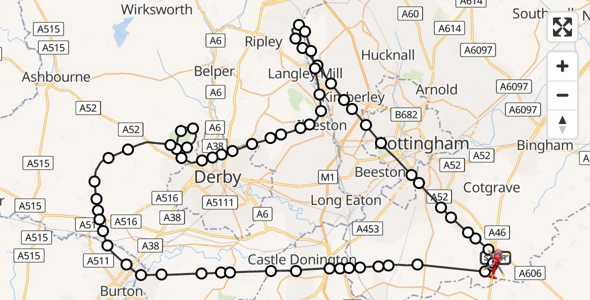 Flight route Air Ambulance Helicopter Rushcliffe - Nottingham Heliport, 27 May 2026, 13:53