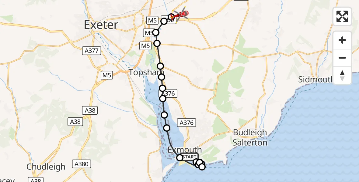 Flight route Air Ambulance Helicopter Exmouth - Exeter International Airport, 27 May 2026, 13:55