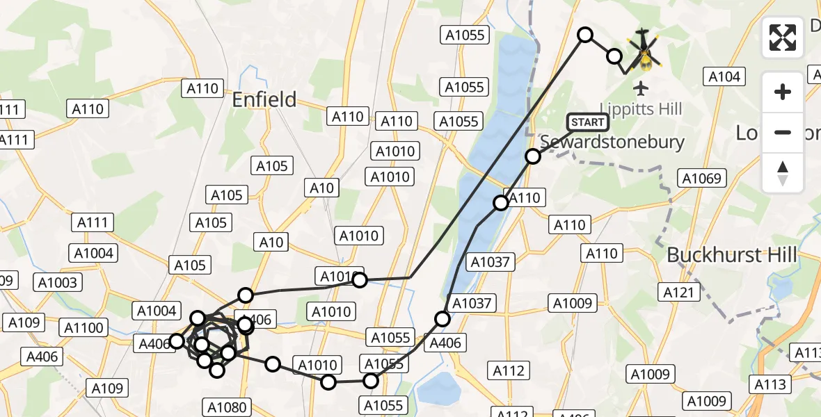 Flight route Police Helicopter Chingford - Sewardstonebury, 27 May 2026, 14:09