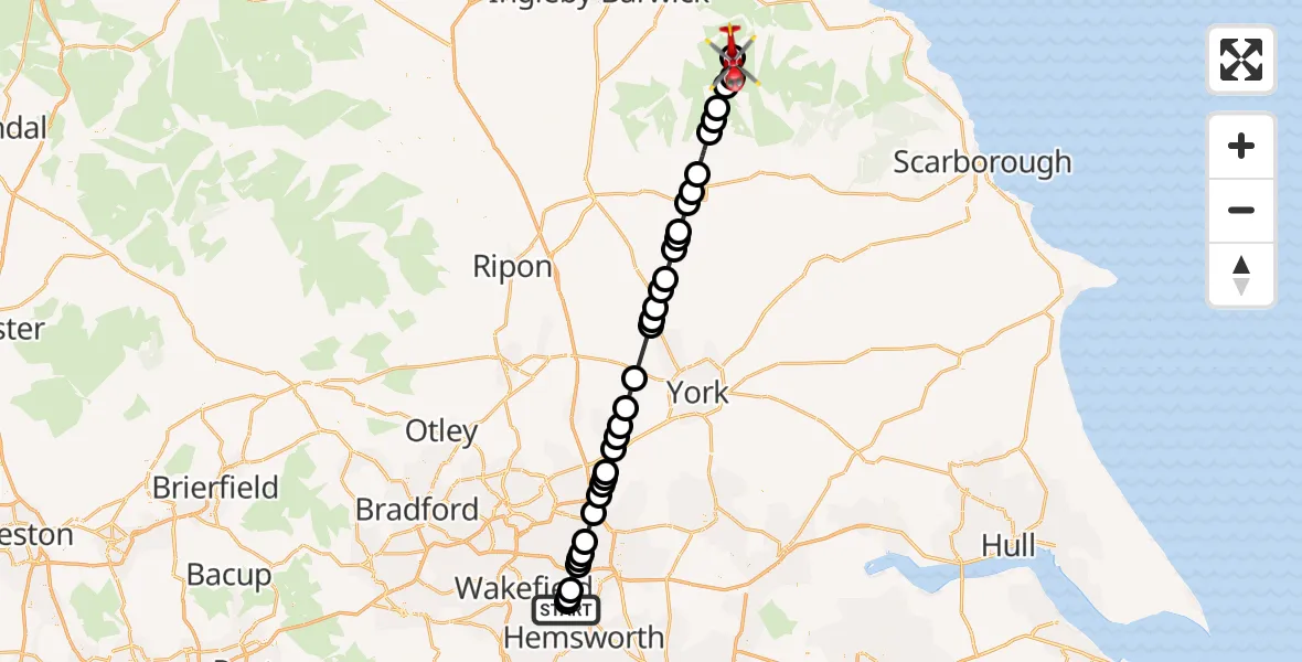 Flight route Air Ambulance Helicopter YAA Nostell Helicopter Port - Westerdale, 27 May 2026, 14:11
