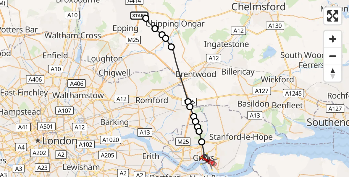 Flight route Air Ambulance Helicopter North Weald Airfield - Grays, 27 May 2026, 14:15