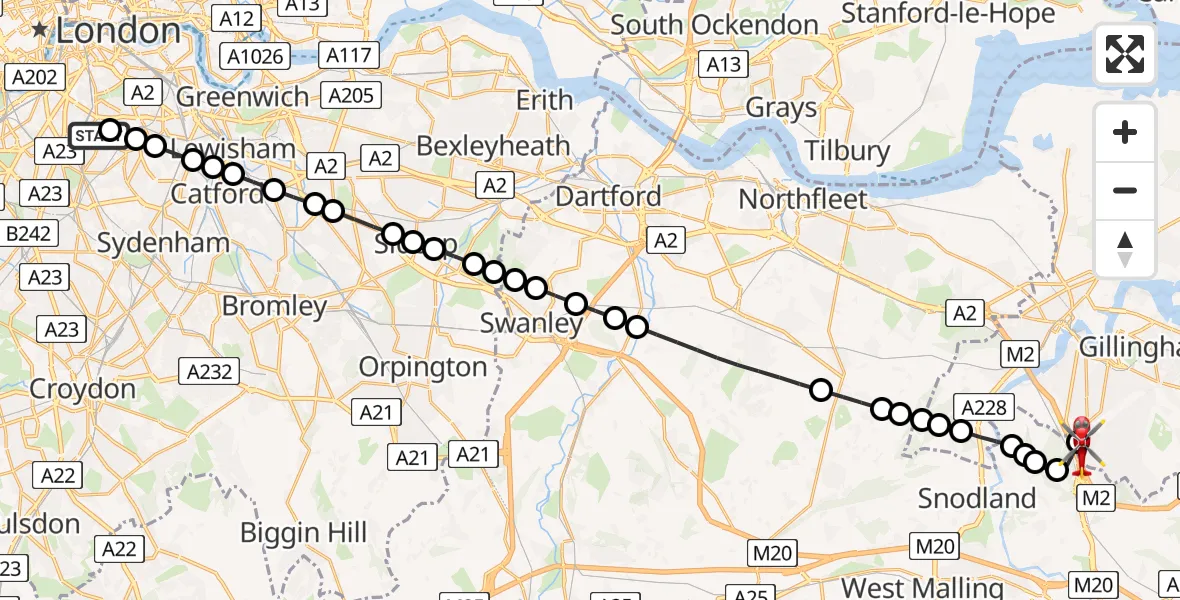 Flight route Air Ambulance Helicopter Kings College London Hospital - Rochester Airport, 27 May 2026, 14:24