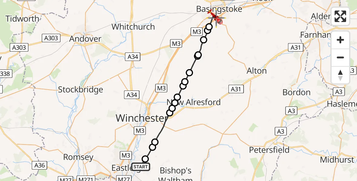 Flight route Air Ambulance Helicopter Eastleigh - Basingstoke, 27 May 2026, 14:24