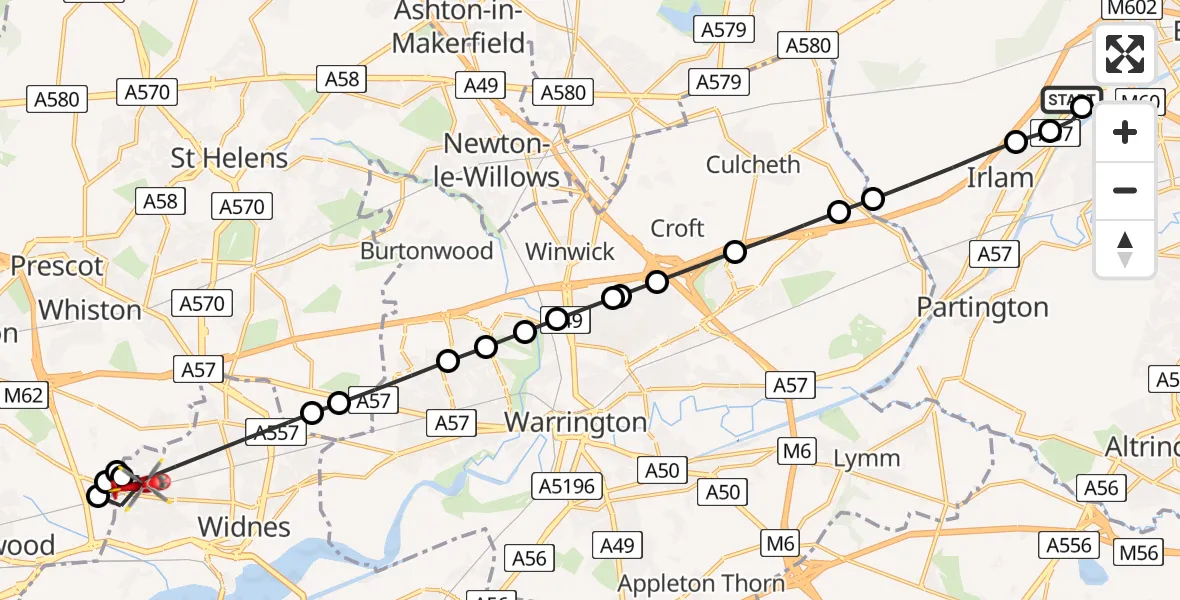 Flight route Air Ambulance Helicopter Manchester Barton Aerodrome - Widnes, 27 May 2026, 14:33