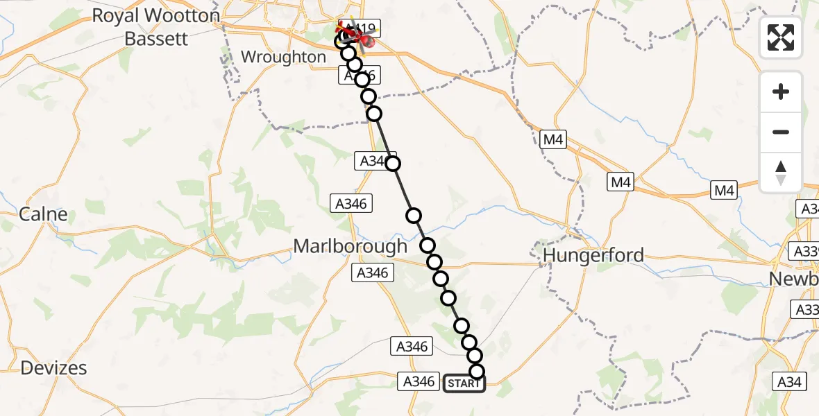 Flight route Air Ambulance Helicopter East Grafton - Great Western Hospital, 27 May 2026, 14:34