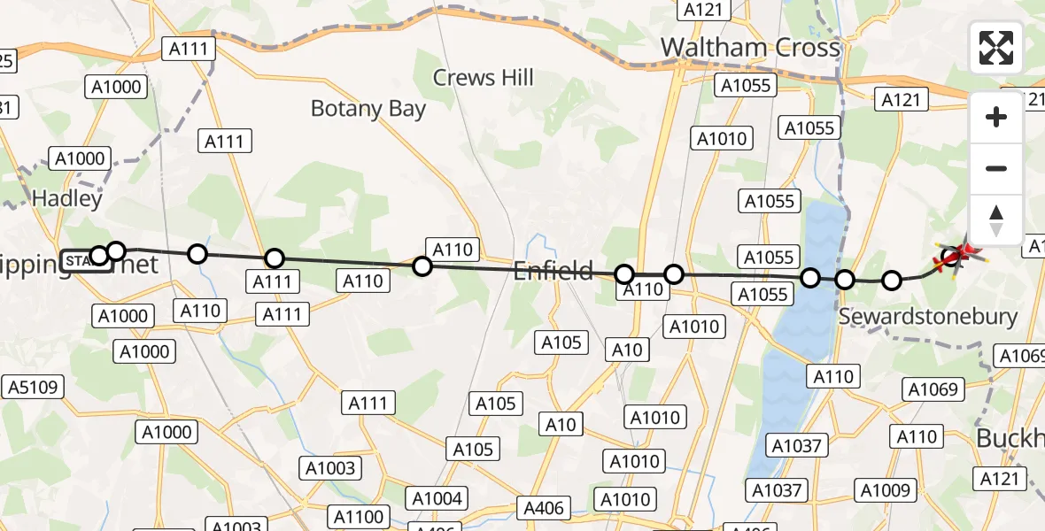 Flight route Air Ambulance Helicopter High Barnet - Metropolitan Police Air Support Unit Lippitts Hill, 27 May 2026, 14:39
