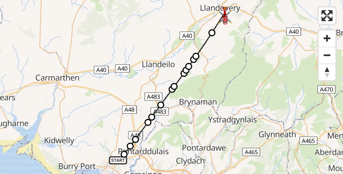 Flight route Air Ambulance Helicopter Dafen - Myddfai, 27 May 2026, 14:56