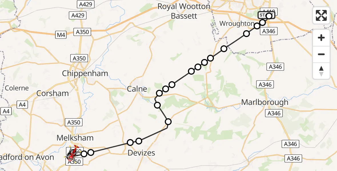 Flight route Air Ambulance Helicopter Great Western Hospital - Wiltshire Air Ambulance, 27 May 2026, 14:59