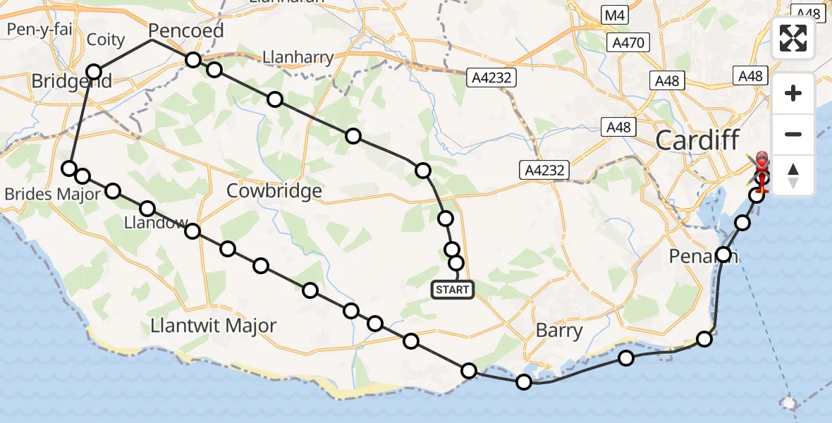 Flight route Air Ambulance Helicopter Llancarfan - Cardiff Heliport, 27 May 2026, 15:00
