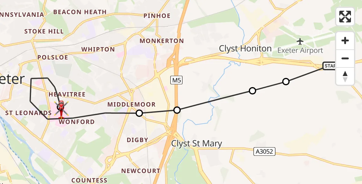 Flight route Air Ambulance Helicopter Exeter International Airport - Royal Devon & Exeter Hospital, 27 May 2026, 15:02