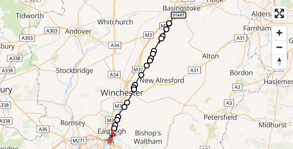 Flight route Air Ambulance Helicopter Basingstoke - Southampton Airport, 27 May 2026, 15:09
