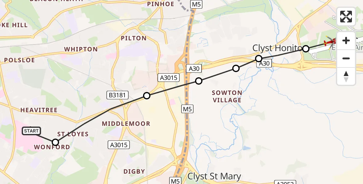 Flight route Air Ambulance Helicopter Royal Devon & Exeter Hospital - Exeter International Airport, 27 May 2026, 15:13