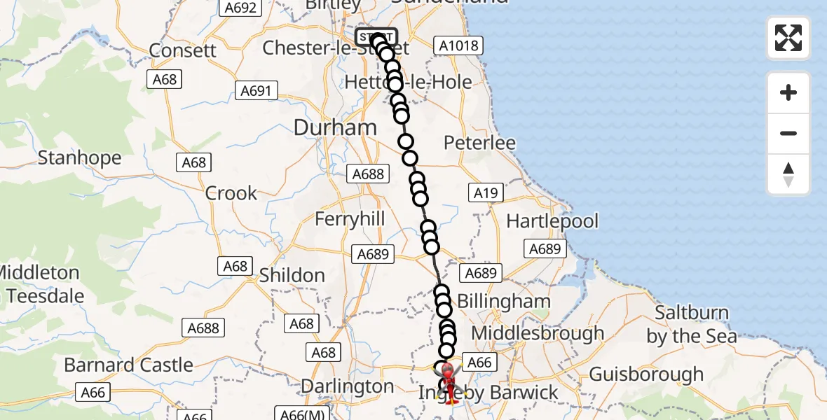 Flight route Air Ambulance Helicopter Penshaw - Egglescliffe, 27 May 2026, 15:21