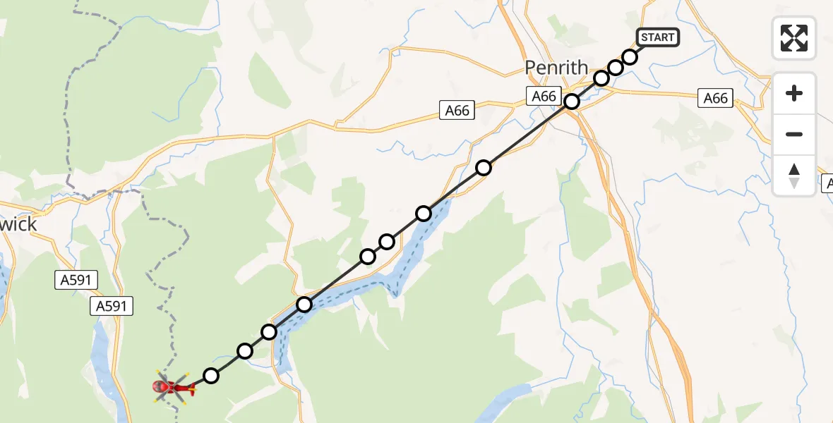Flight route Air Ambulance Helicopter Edenhall - Patterdale, 27 May 2026, 15:27