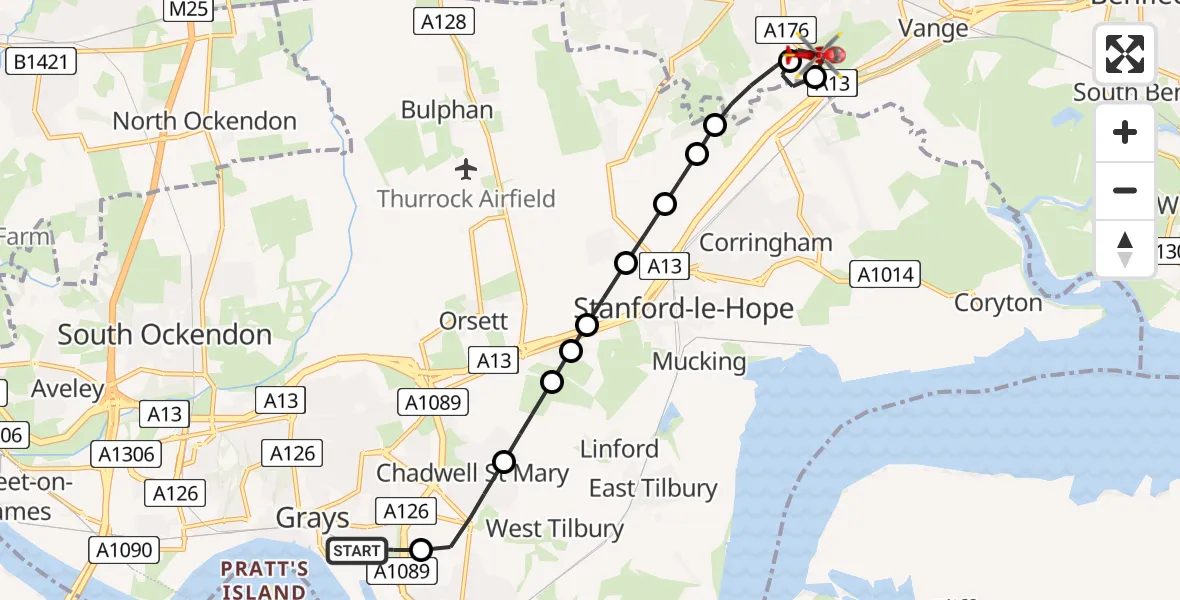 Flight route Air Ambulance Helicopter Grays - Basildon, 27 May 2026, 15:28