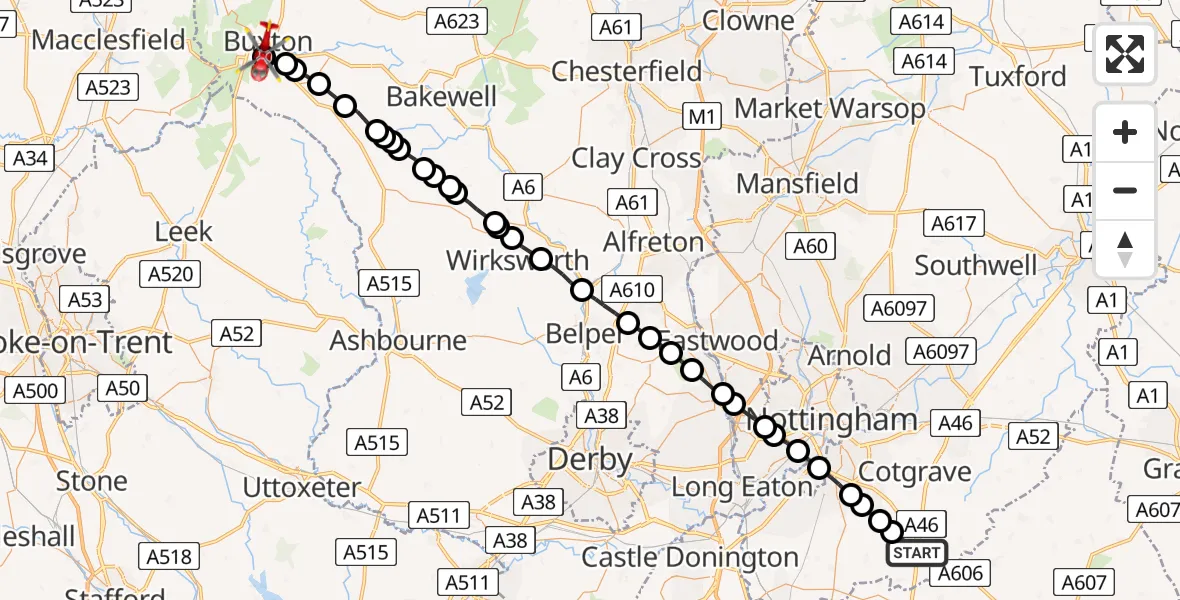 Flight route Air Ambulance Helicopter Widmerpool - Buxton, 27 May 2026, 15:32