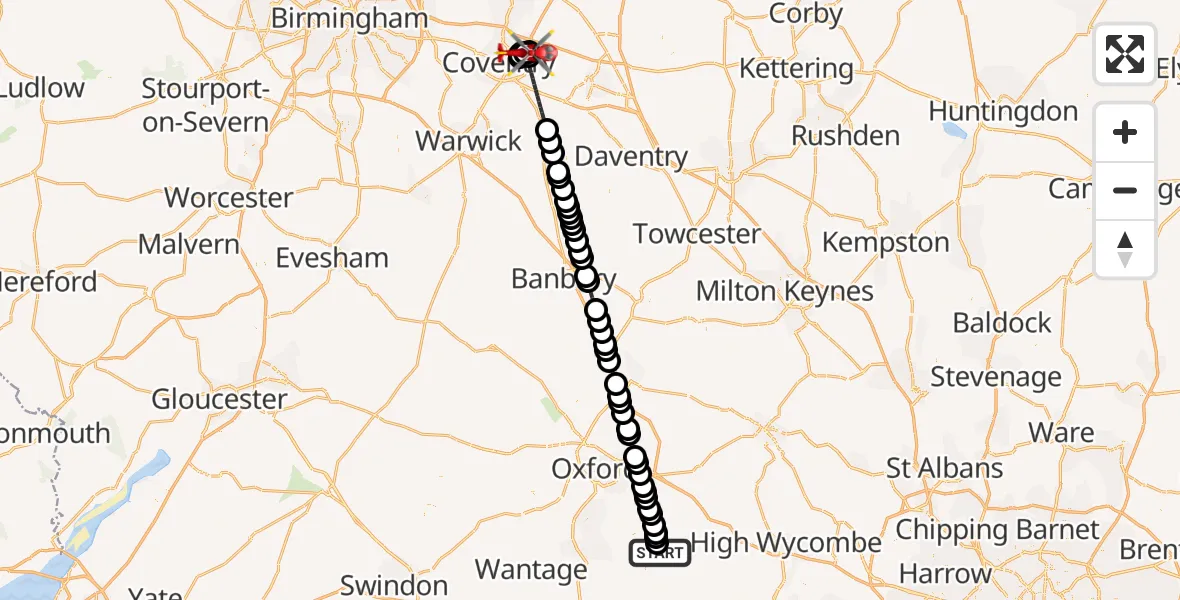 Flight route Air Ambulance Helicopter RAF Benson - University Hospital Coventry, 27 May 2026, 15:32